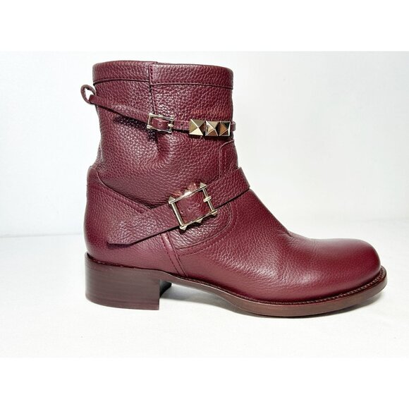 Valentino Garavani Pebbled Calfskin Rockstud Boots in Burgundy - Sz 40.5 (10.5) - Picture 2 of 10